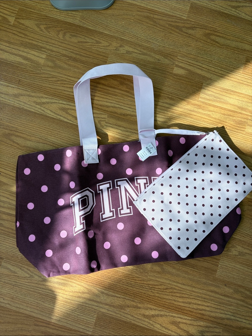 PINK Victoria's Secret Purple Polka Dot Canvas Tote with Pink Accents
